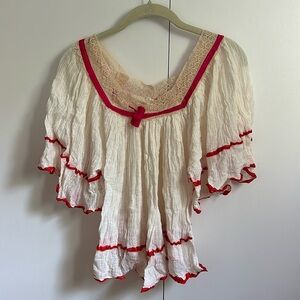 Vintage Pink & Red Trim w/Lace collar Crepe Top
